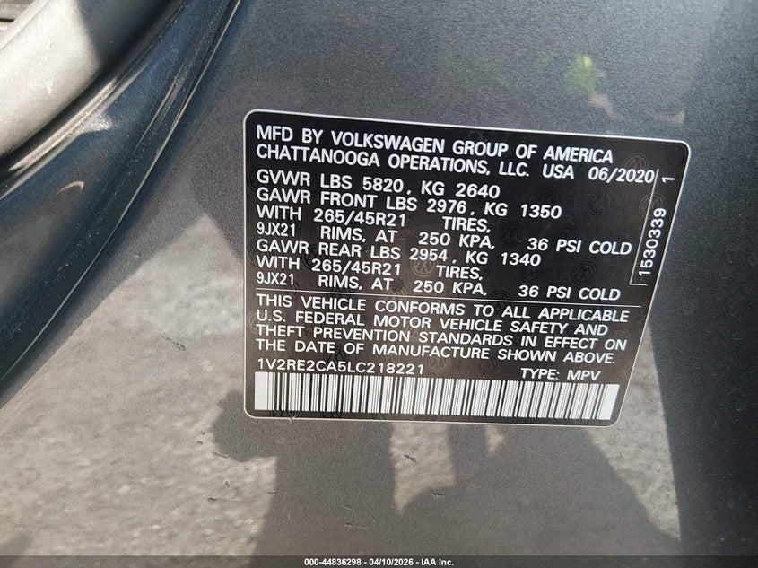 2020 Volkswagen Atlas Cross Sport 3.6L V6 Sel R-Line VIN: 1V2RE2CA5LC218221 Lot: 44836298
