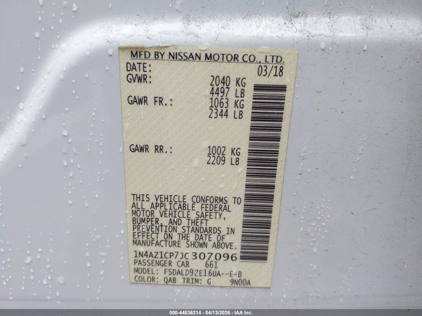 2018 Nissan Leaf Sv VIN: 1N4AZ1CP7JC307096 Lot: 44836314