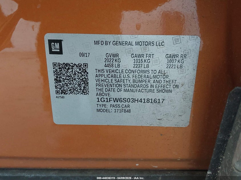 2017 Chevrolet Bolt Ev Lt VIN: 1G1FW6S03H4181617 Lot: 44836319