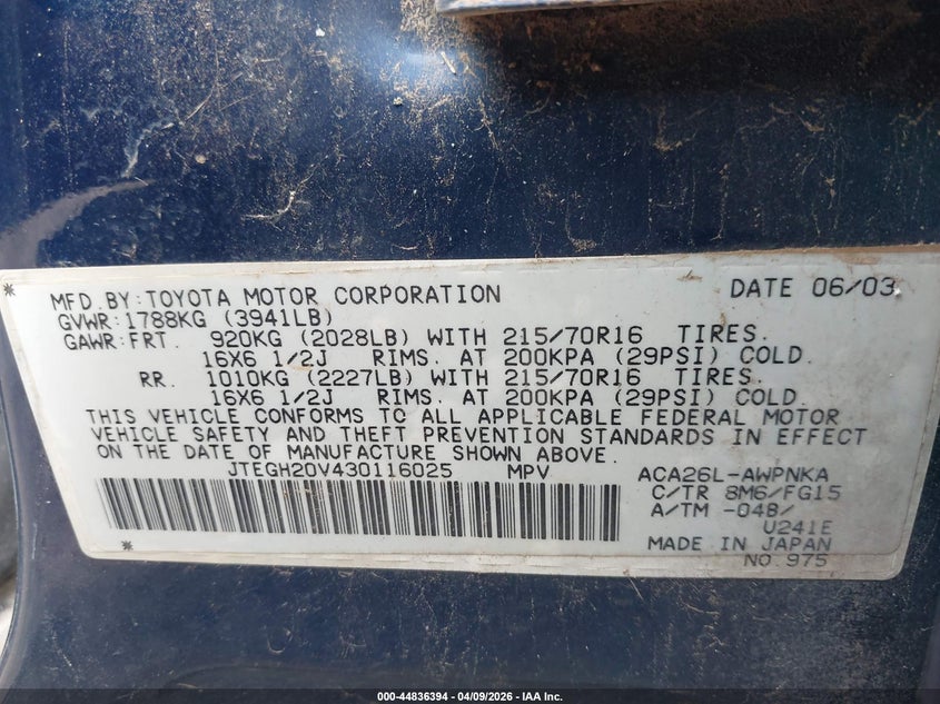 2003 Toyota Rav4 VIN: JTEGH20V430116025 Lot: 44836394