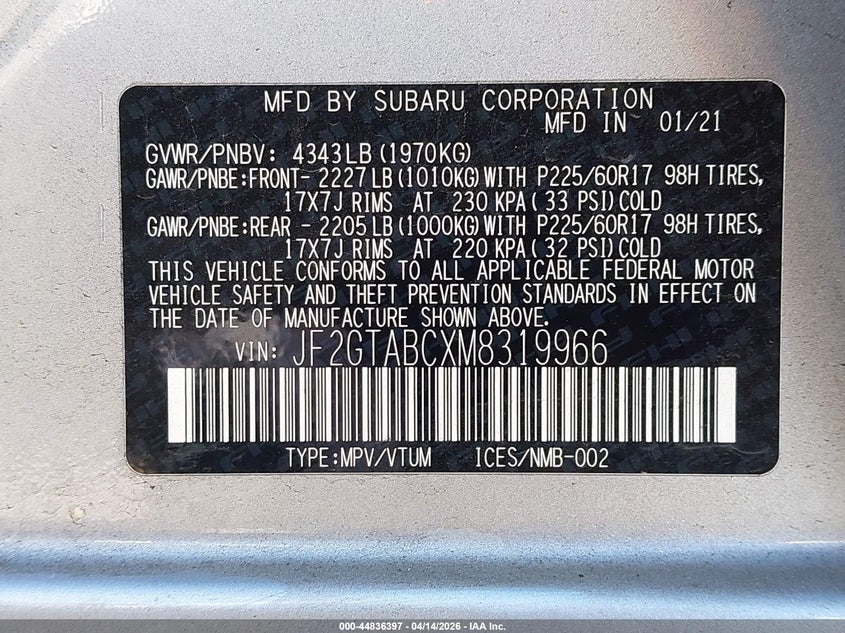 2021 Subaru Crosstrek VIN: JF2GTABCXM8319966 Lot: 44836397