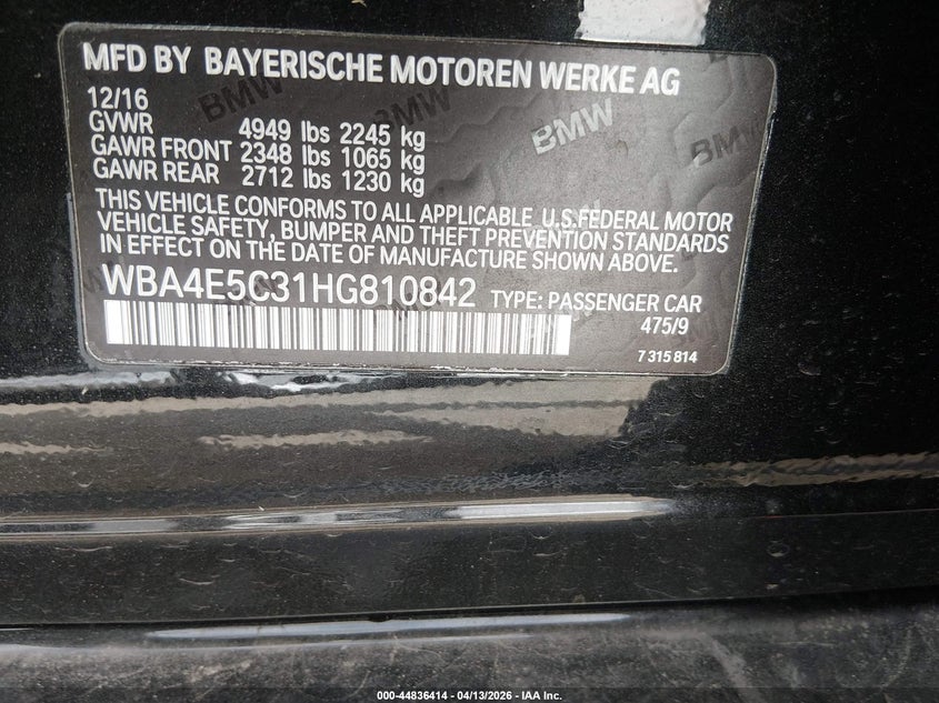 2017 BMW 4er 3.0 440I Gran Coupe xDrive black Lot 111044836414 Vin WBA4E5C31HG810842