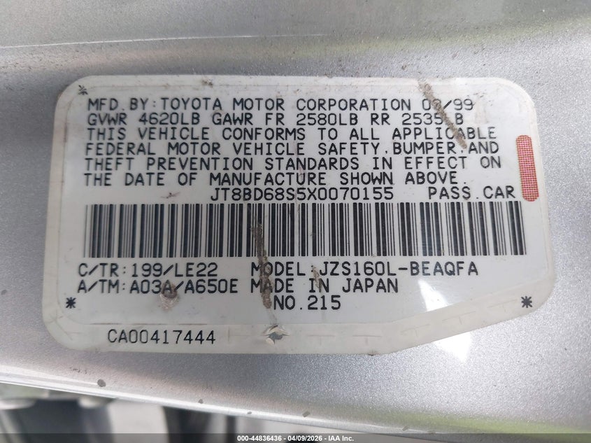 1999 Lexus Gs 300 VIN: JT8BD68S5X0070155 Lot: 44836436