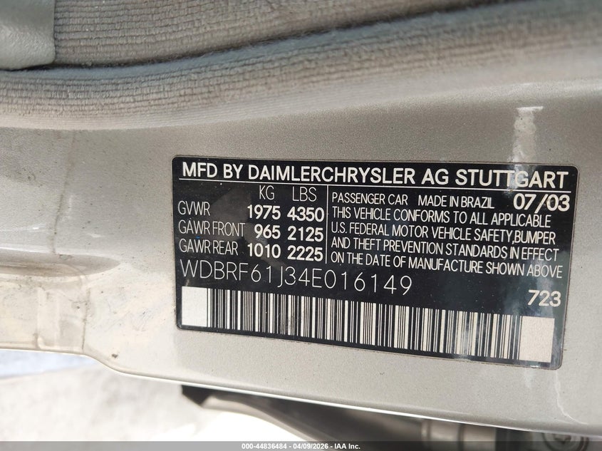 2004 Mercedes-Benz C 240 VIN: WDBRF61J34E016149 Lot: 44836484