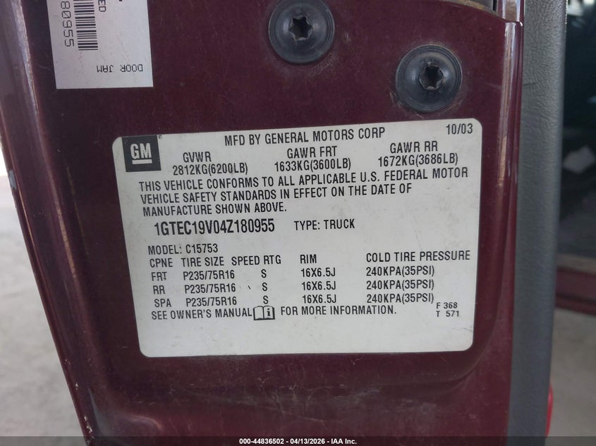 2004 GMC Sierra 1500 Sle VIN: 1GTEC19V04Z180955 Lot: 44836502