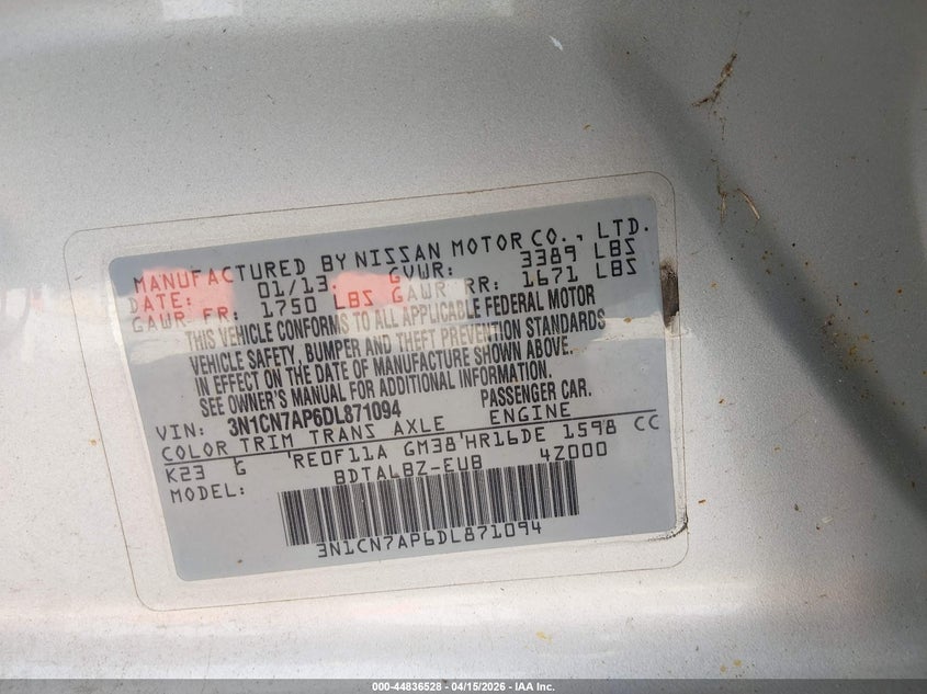 2013 Nissan Versa 1.6 Sv VIN: 3N1CN7AP6DL871094 Lot: 44836528