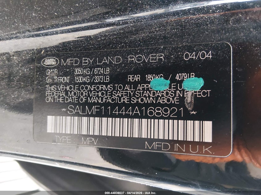 2004 Land Rover Range Rover Hse VIN: SALMF11444A168921 Lot: 44836537