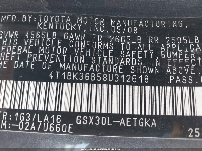 2008 Toyota Avalon Xls VIN: 4T1BK36B58U312618 Lot: 44836567