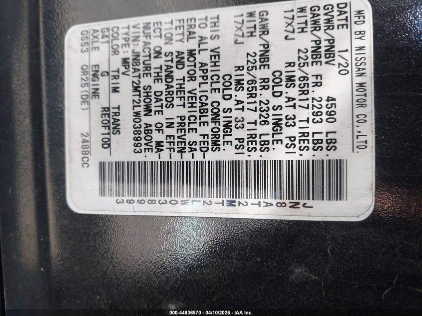 VIN JN8AT2MT2LW038993 2020 NISSAN ROGUE SV FWD