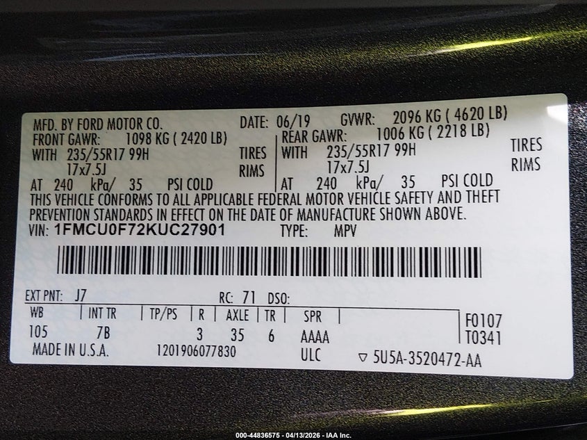 2019 Ford Escape 2.5 S grey Lot 111044836575 Vin 1FMCU0F72KUC27901