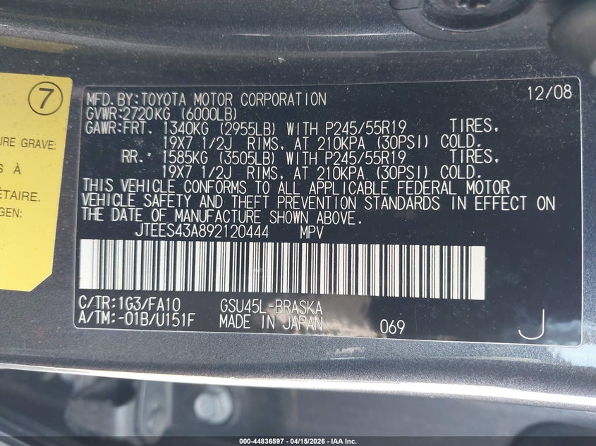 2009 Toyota Highlander Sport VIN: JTEES43A892120444 Lot: 44836597