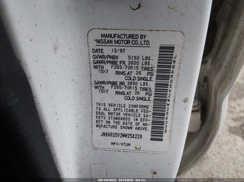 1998 Nissan Pathfinder Le/Se/Xe VIN: JN8AR05Y2WW254229 Lot: 44836632