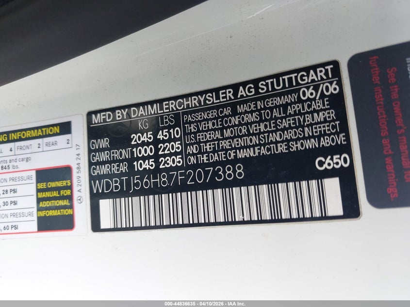 2007 Mercedes-Benz Clk 350 VIN: WDBTJ56H87F207388 Lot: 44836635