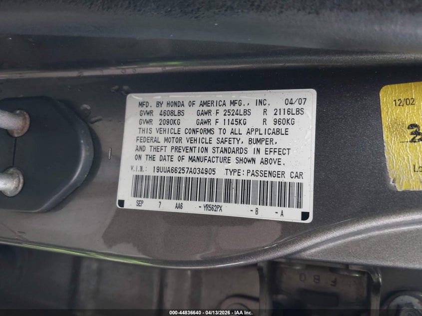 2007 Acura Tl 3.2 VIN: 19UUA66257A034905 Lot: 44836640