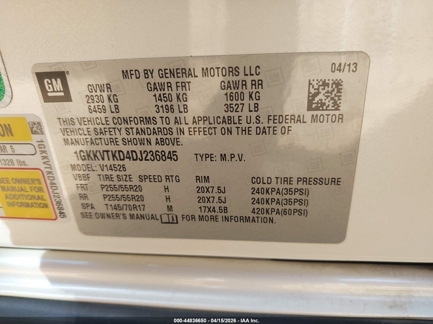 2013 GMC Acadia Denali VIN: 1GKKVTKD4DJ236845 Lot: 44836650