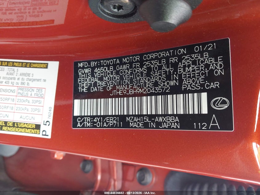 2021 Lexus Ux 250H F Sport VIN: JTHE9JBH9M2043572 Lot: 44836682