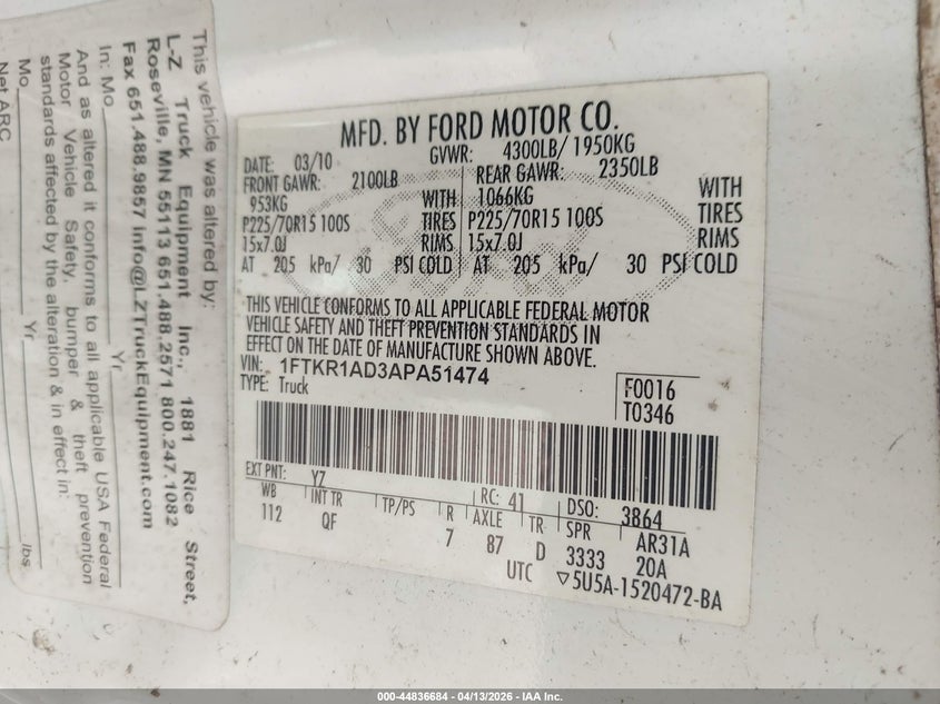 2010 Ford Ranger Xl/Xlt VIN: 1FTKR1AD3APA51474 Lot: 44836684