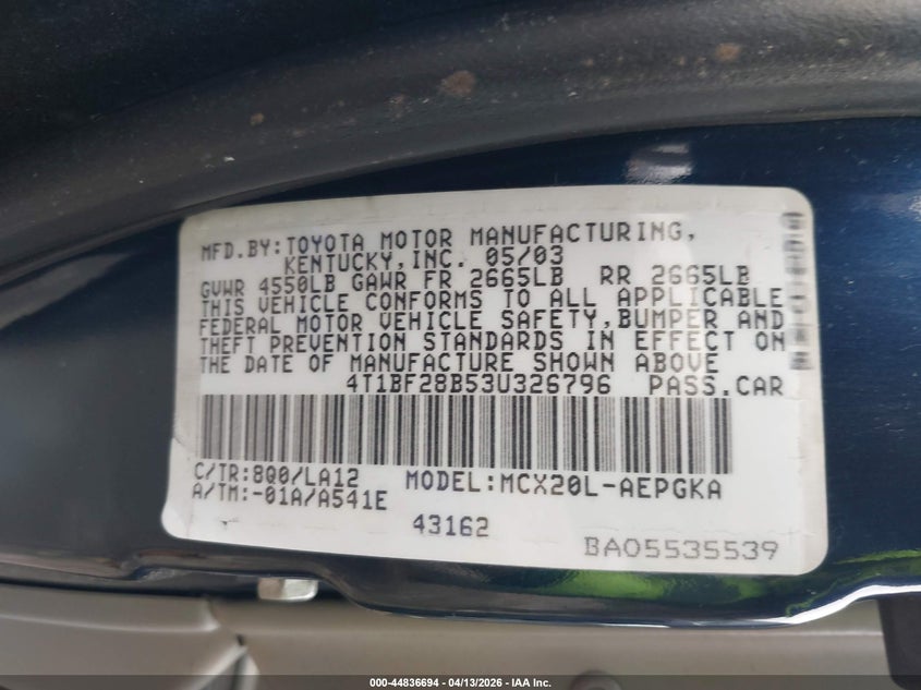 2003 Toyota Avalon Xls VIN: 4T1BF28B53U326796 Lot: 44836694