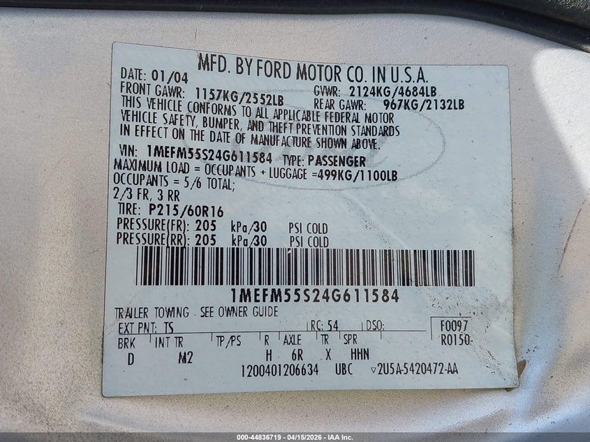 2004 Mercury Sable Ls Premium VIN: 1MEFM55S24G611584 Lot: 44836719