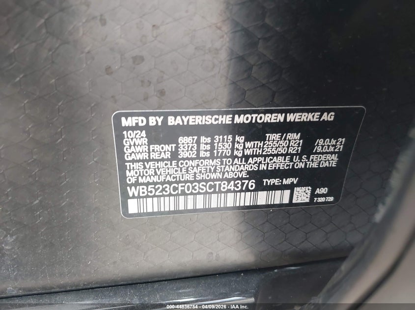 2025 BMW Ix xDrive50 VIN: WB523CF03SCT84376 Lot: 44836754