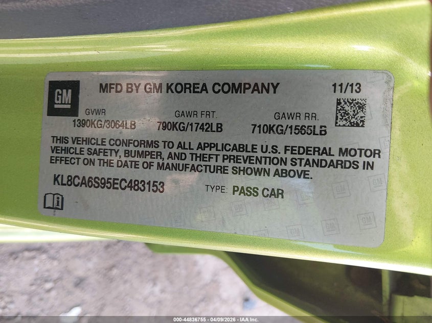 2014 Chevrolet Spark Ls Manual VIN: KL8CA6S95EC483153 Lot: 44836755