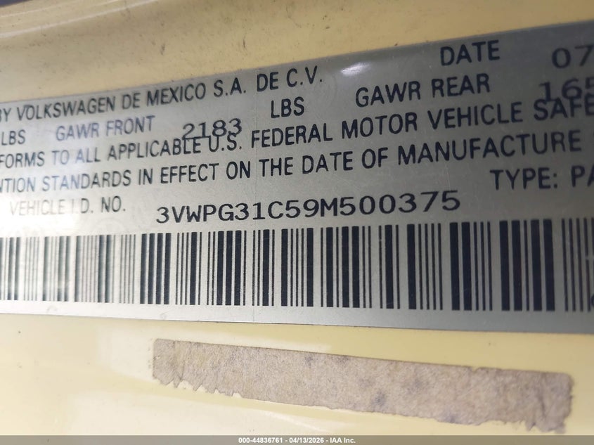 2009 Volkswagen New Beetle 2.5L VIN: 3VWPG31C59M500375 Lot: 44836761