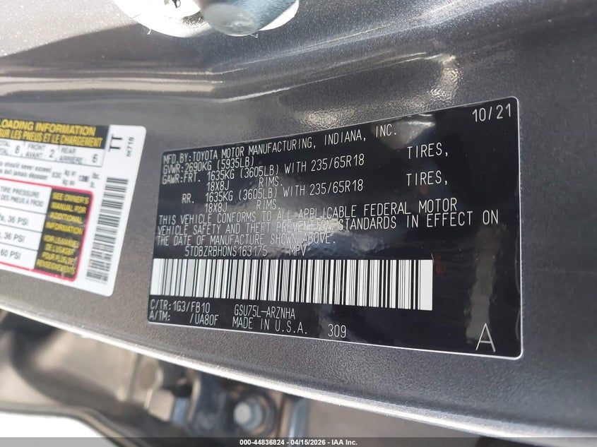 2022 Toyota Highlander Le VIN: 5TDBZRBH0NS163175 Lot: 44836824