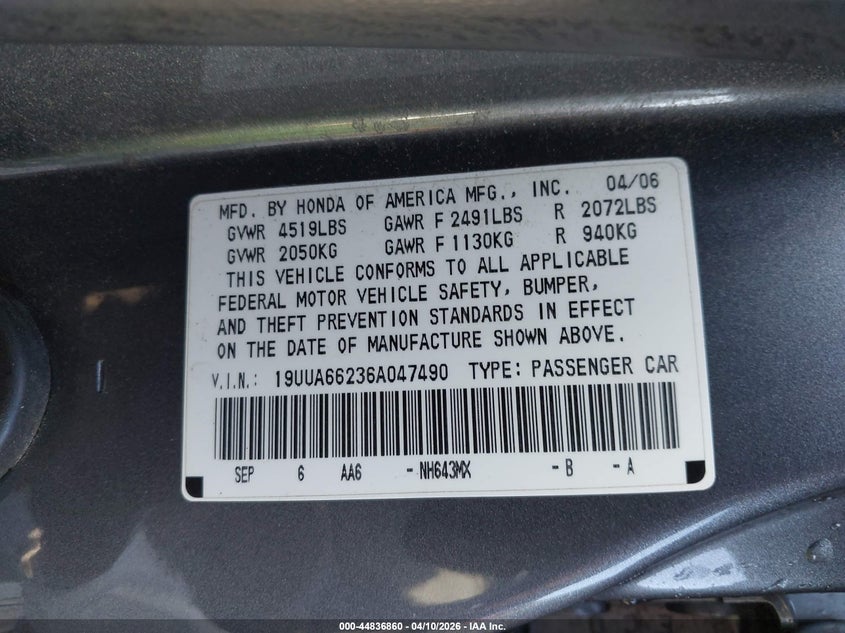 2006 Acura Tl VIN: 19UUA66236A047490 Lot: 44836860