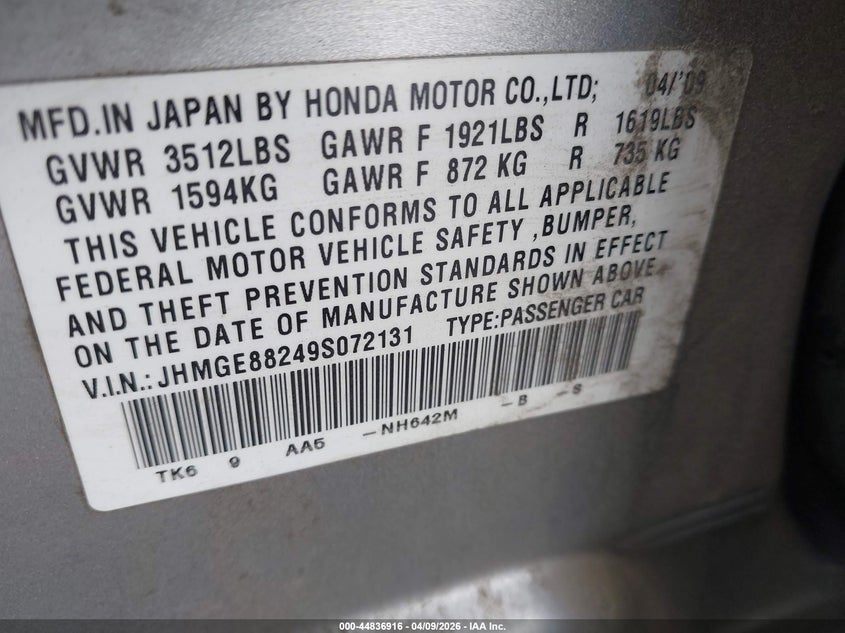 HONDA FIT 2009 VIN JHMGE88249S072131