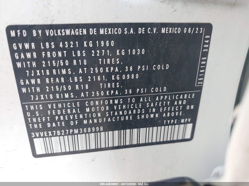 2023 Volkswagen Taos 1.5T Se VIN: 3VVEX7B27PM368998 Lot: 44836967