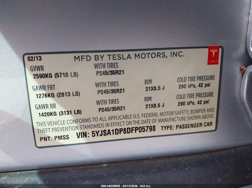 2013 Tesla Model S Performance VIN: 5YJSA1DP8DFP05798 Lot: 44836995
