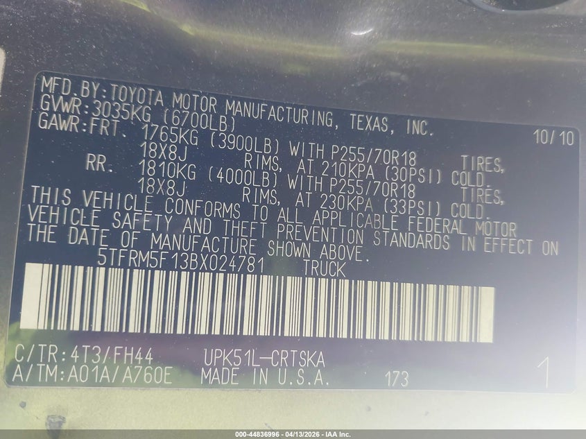 2011 Toyota Tundra Grade 4.6L V8 VIN: 5TFRM5F13BX024781 Lot: 44836996