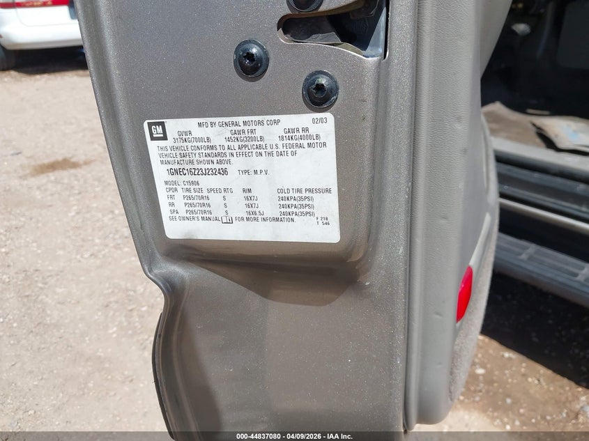 2003 Chevrolet Suburban 1500 Ls VIN: 1GNEC16Z23J232436 Lot: 44837080