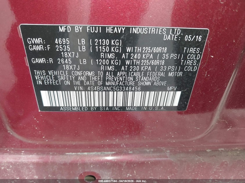 2016 Subaru Outback 2.5I Limited VIN: 4S4BSANC5G3348456 Lot: 44837144