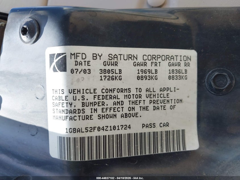 2004 Saturn Ion 3 VIN: 1G8AL52F04Z101724 Lot: 44837182