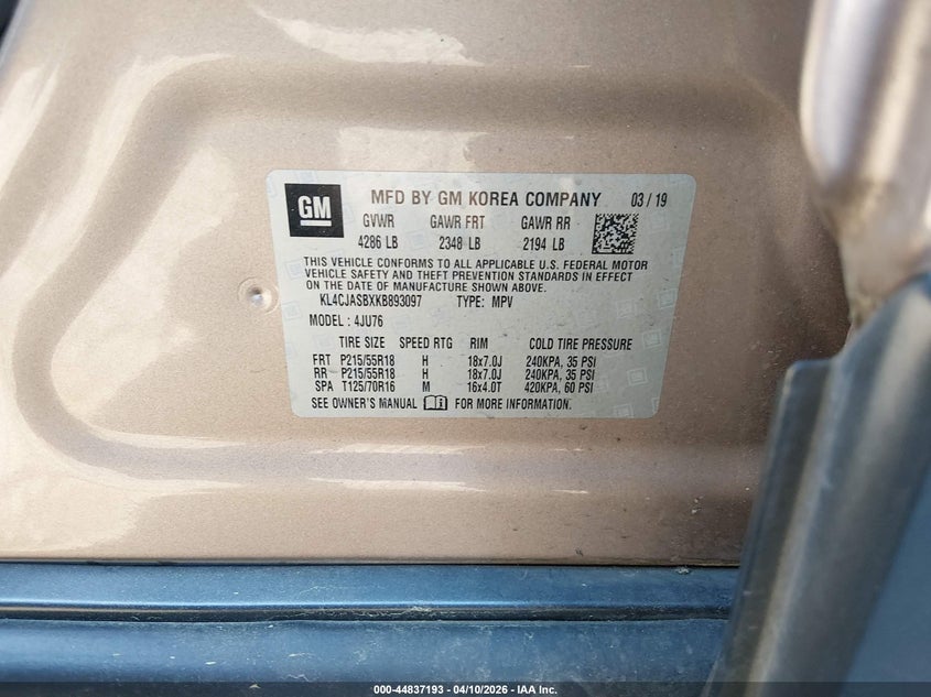 2019 Buick Encore Fwd Preferred VIN: KL4CJASBXKB893097 Lot: 44837193