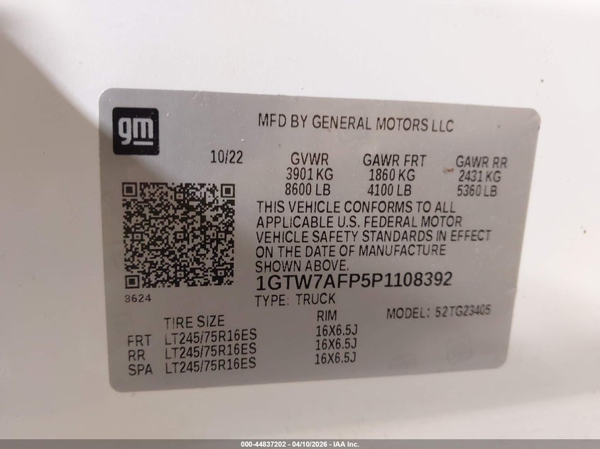 2023 GMC Savana Cargo Rwd 2500 Regular Wheelbase Work Van VIN: 1GTW7AFP5P1108392 Lot: 44837202