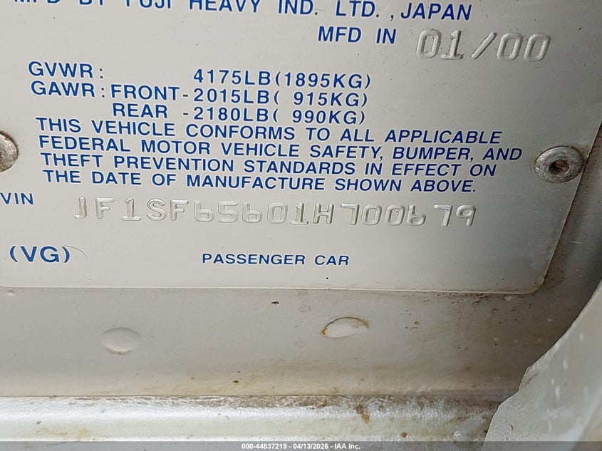 2001 Subaru Forester S VIN: JF1SF65601H700679 Lot: 44837215