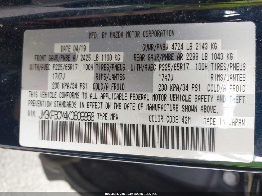 2019 Mazda Cx-5 Touring VIN: JM3KFBCM4K0609958 Lot: 44837236