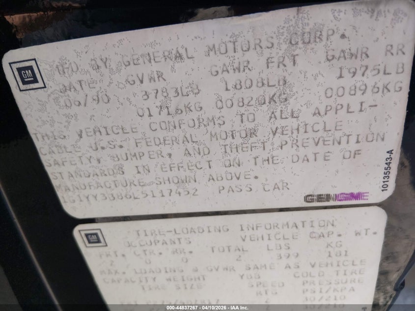 1990 Chevrolet Corvette VIN: 1G1YY3386L5117452 Lot: 44837267