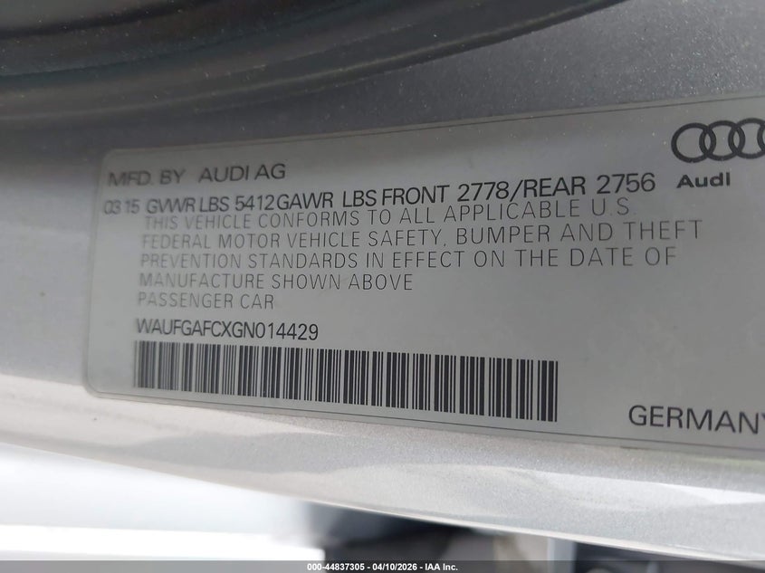2016 Audi A6 3.0T Premium Plus VIN: WAUFGAFCXGN014429 Lot: 44837305