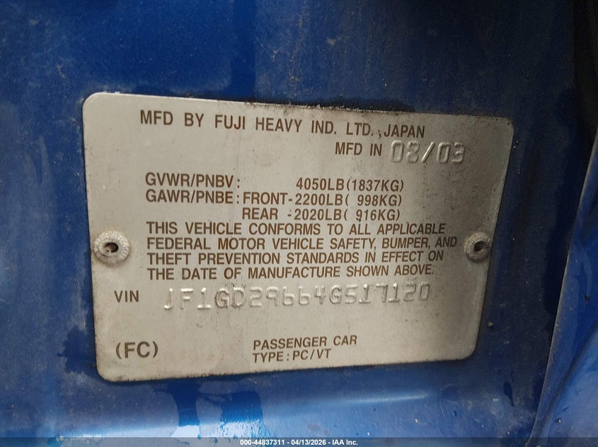 2004 Subaru Impreza Wrx VIN: JF1GD29664G517120 Lot: 44837311