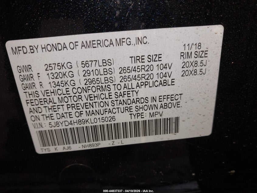 2019 Acura Mdx Advance Pkg VIN: 5J8YD4H89KL015026 Lot: 44837337