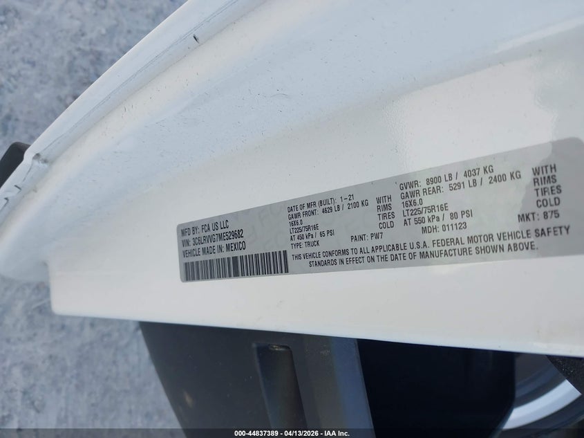 VIN 3C6LRVVG7ME529682 2021 RAM PROMASTER 2500 LOW ROOF 136 WB