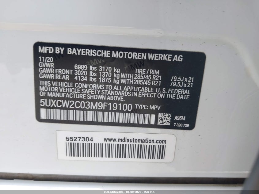2021 BMW X7 xDrive40I VIN: 5UXCW2C03M9F19100 Lot: 44837396