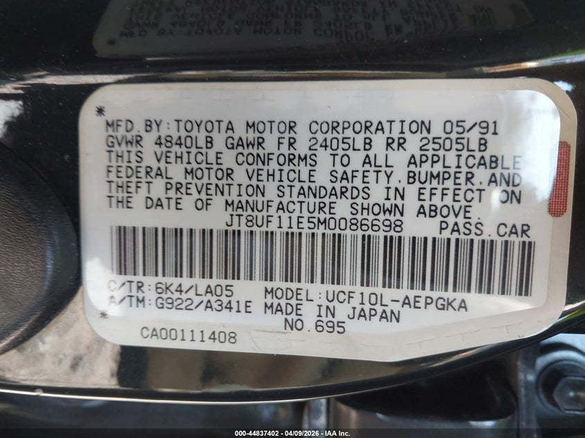 1991 Lexus Ls 400 VIN: JT8UF11E5M0086698 Lot: 44837402