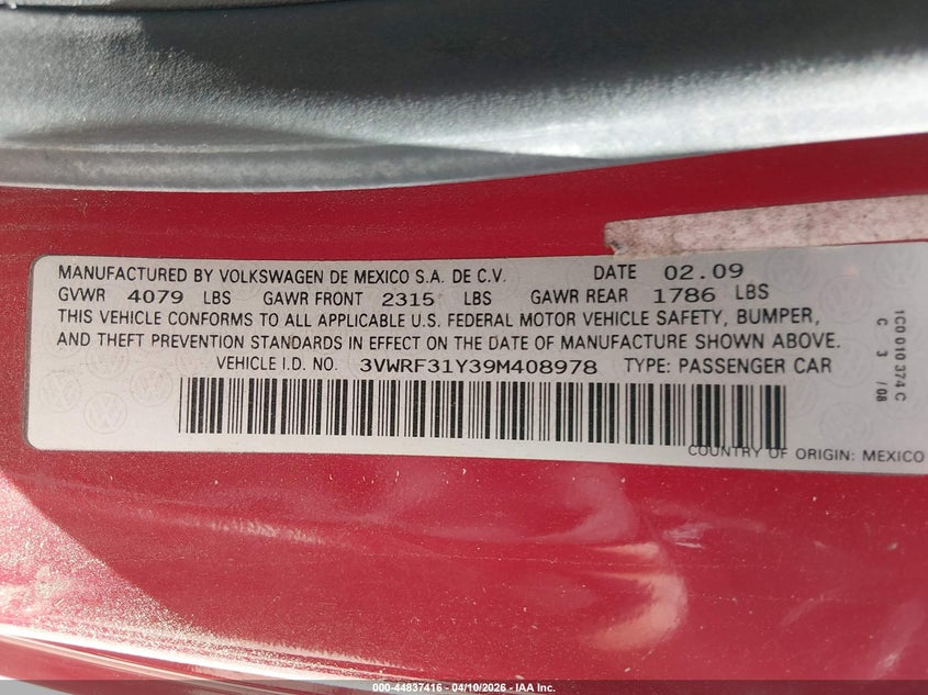2009 Volkswagen New Beetle 2.5L VIN: 3VWRF31Y39M408978 Lot: 44837416