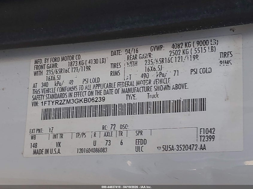 1FTYR2ZM3GKB06239 2016 Ford Transit 3.7 -250 white
