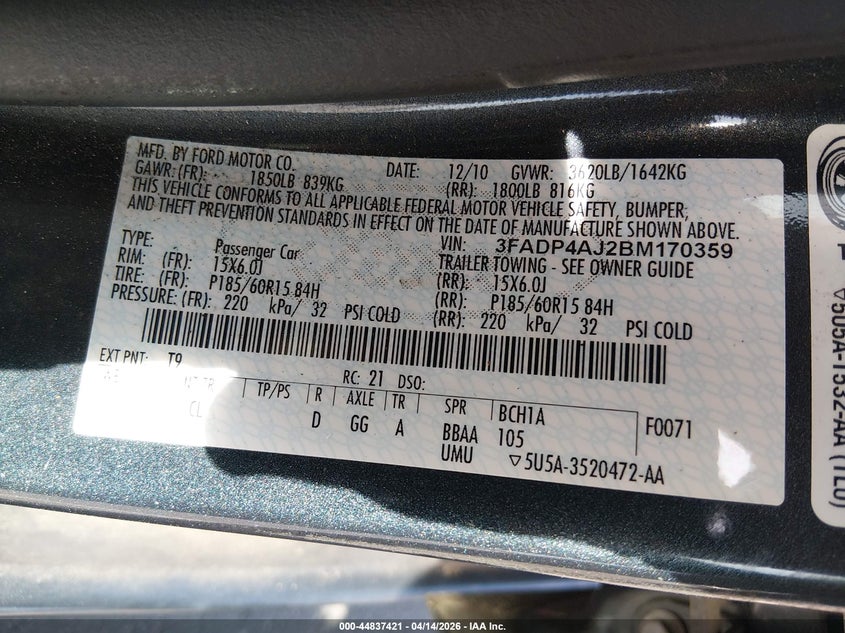 2011 Ford Fiesta S VIN: 3FADP4AJ2BM170359 Lot: 44837421