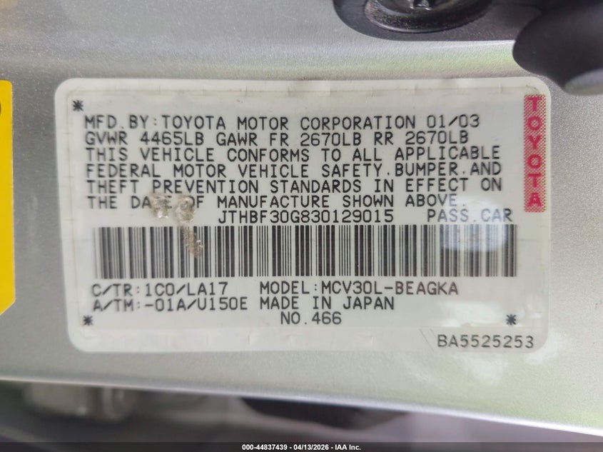 2003 Lexus Es 300 VIN: JTHBF30G830129015 Lot: 44837439